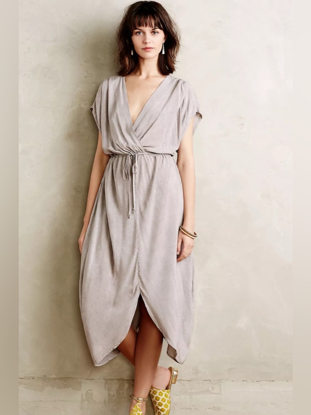 EUC The Odells Light Gray Stonewashed Faux Wrap Front Tulip Hem Midi Dress